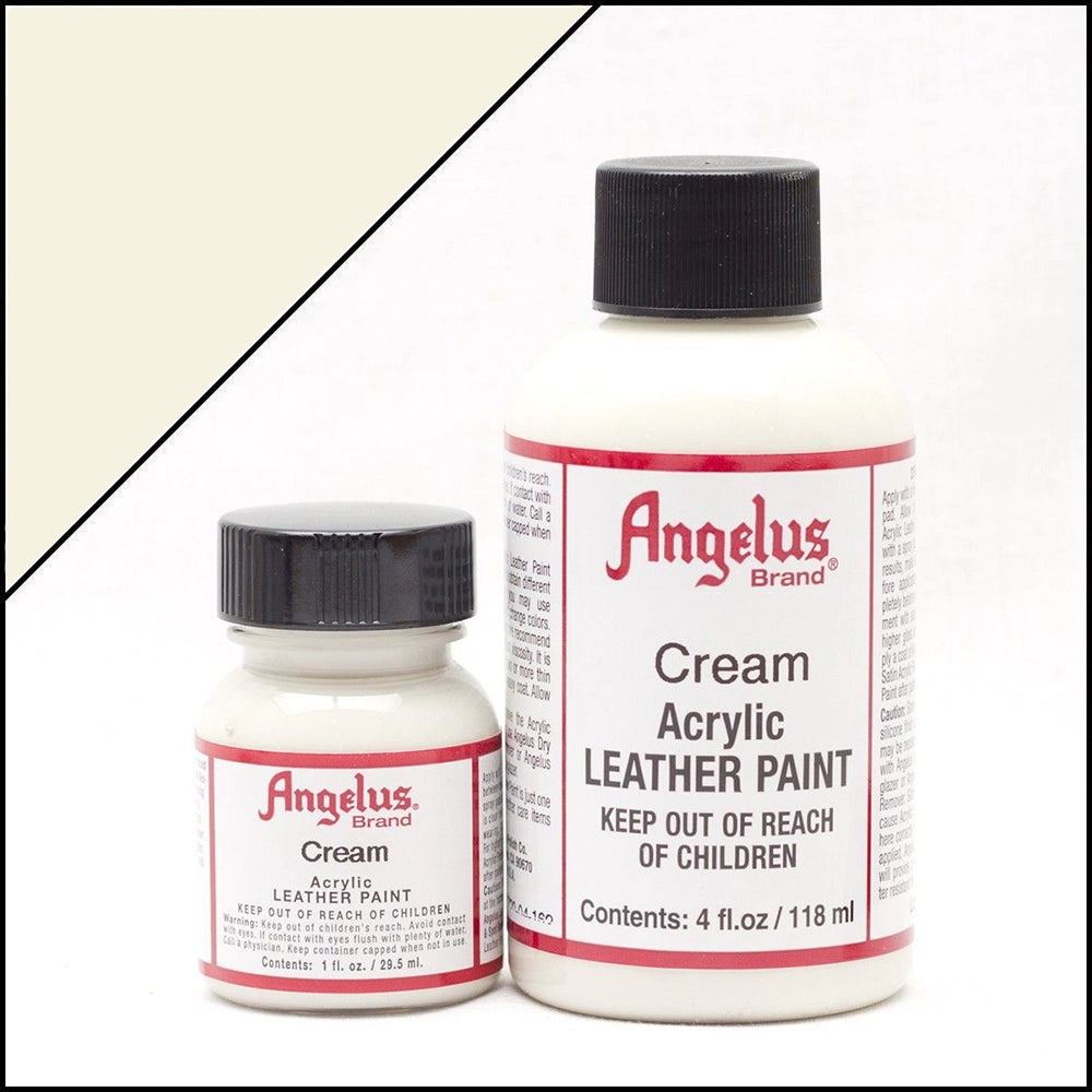 produktbild föreställande två flaskor i olika storlekar med krämfärgad läderfärg, Cream Acrylic Leather Paint av märket Angelus