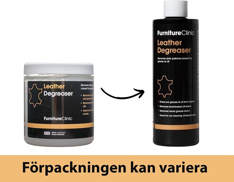 produktbild av en flaska och burk med avfettningsmedel för läder, Leather Degreaser, tillverkad av varumärket Furniture Clinic