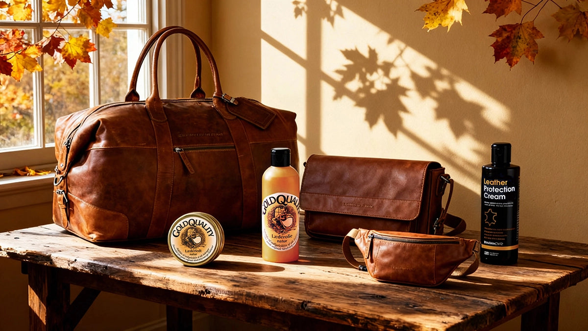 läderväskor och lädervårdsprodukter på ett rustikt träbord framför ett fönster där man skymtar träd med höstlöv